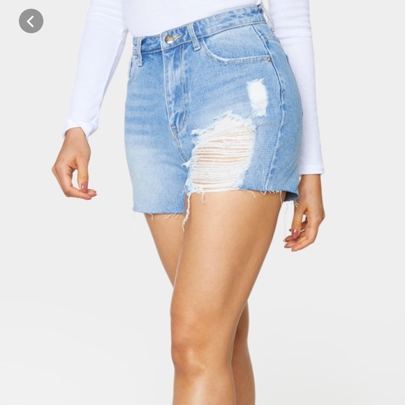 PLT Tall Light Blue Wash Ripped Denim Mom Shorts - Picture 2 of 8